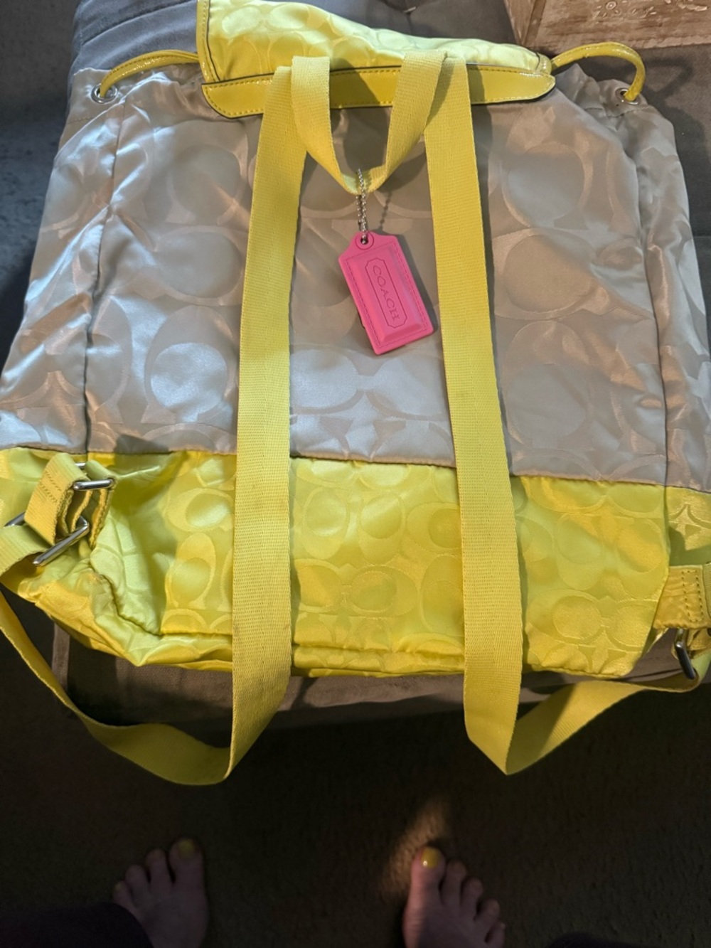 Coach Silver and Yellow Signature Drawstring Tote - Picture 2 of 5